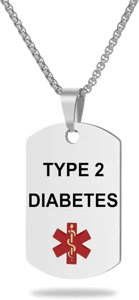 Brand Unicgift 752811714040 Medical Alert Necklace Laser Engraved Tag Custom Type 2 Diabetes Silver