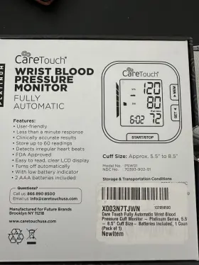 Care Touch 370393902015 Fully Automatic Wrist Blood Pressure Cuff Monitor - Platinum O3