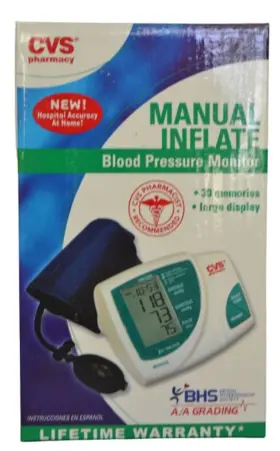 Cvs 050428062289 Blood Pressure Monitor Manual Inflate Instructions 4 Aa Batteries Accurate
