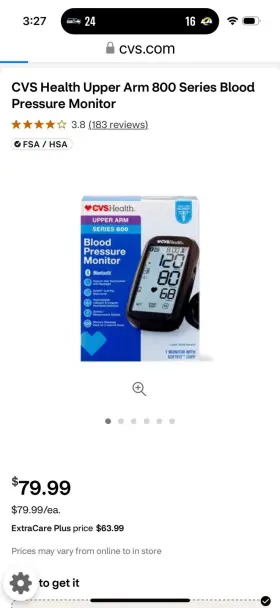 Cvs 050428290422 Health Series 800 Upper Arm Blood Pressure Monitor Bluetooth Softfit Cuff