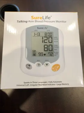 860214 Sure Life New Talking Arm Blood Pressure Monitor Speaks 3 Languages